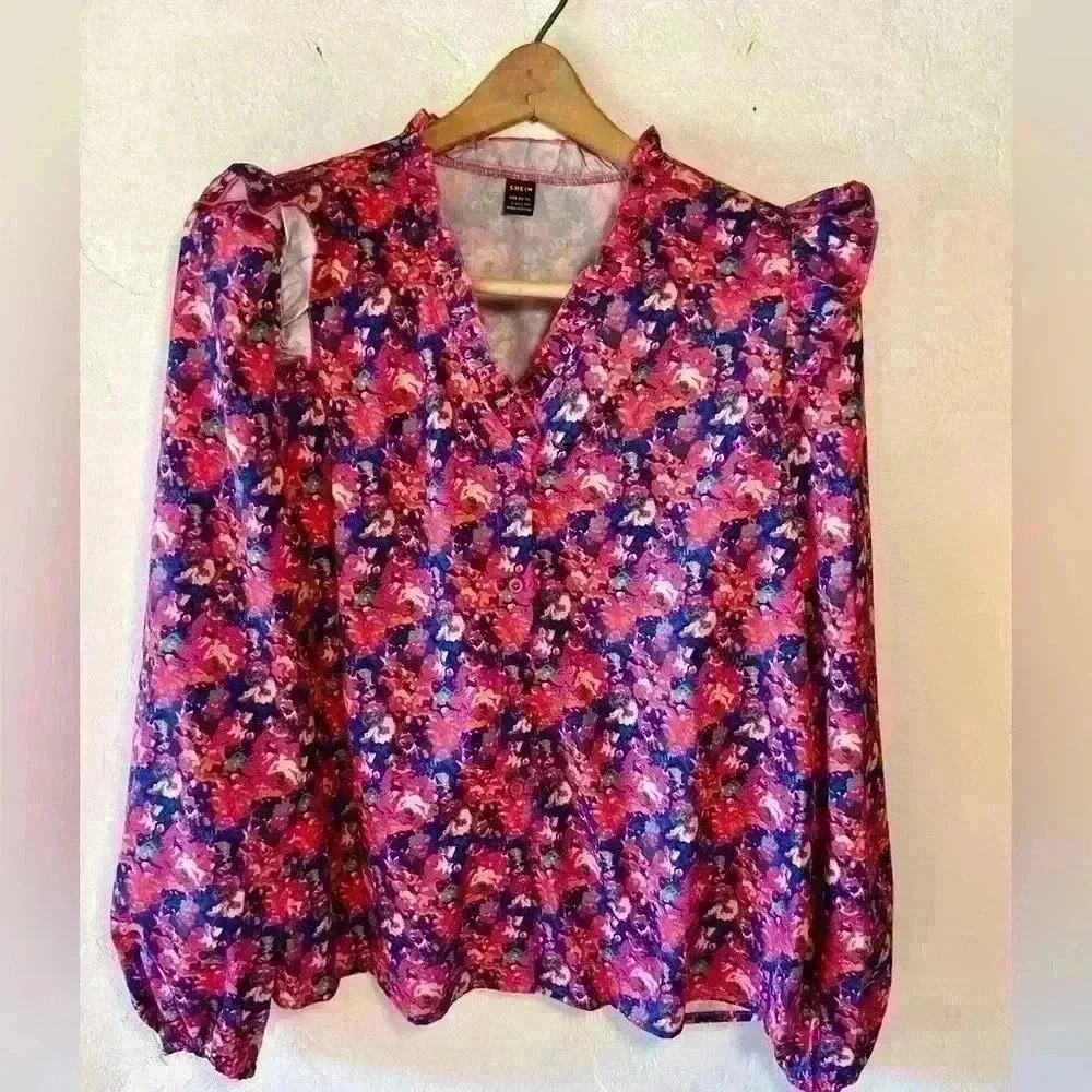 Bright Colored Floral Long Sleeve Blouse with Ruffles, Size Large